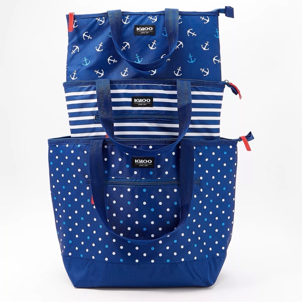 Igloo Insulated 3-Piece Trendy w/ Blue Anchors & Polka Dots Tote Set